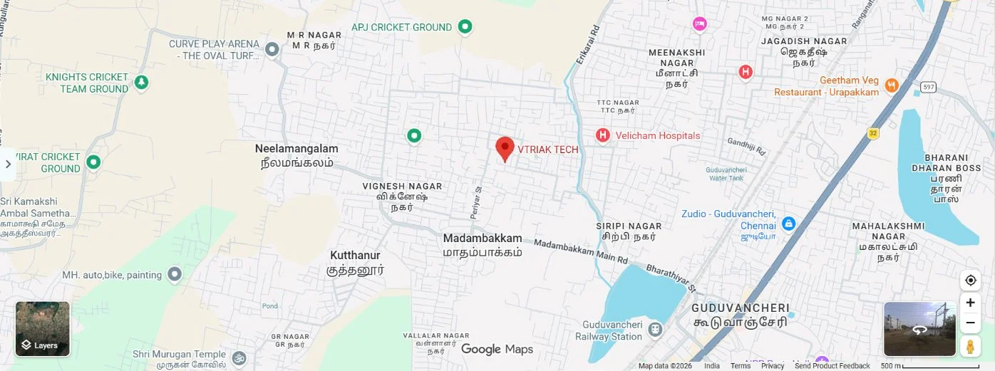 Map showing the VTRIAK TECH registered office on Abdul Kalam Street in Madambakkam